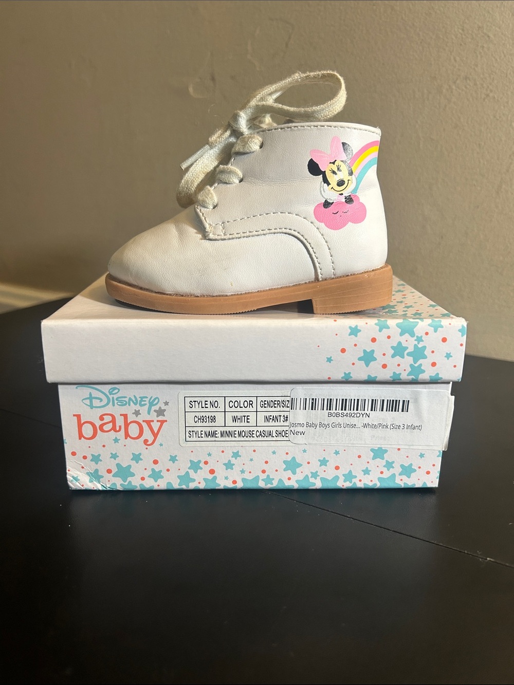 Disney White Minnie Mouse Rainbow Lace-Up Baby Boot Size 3